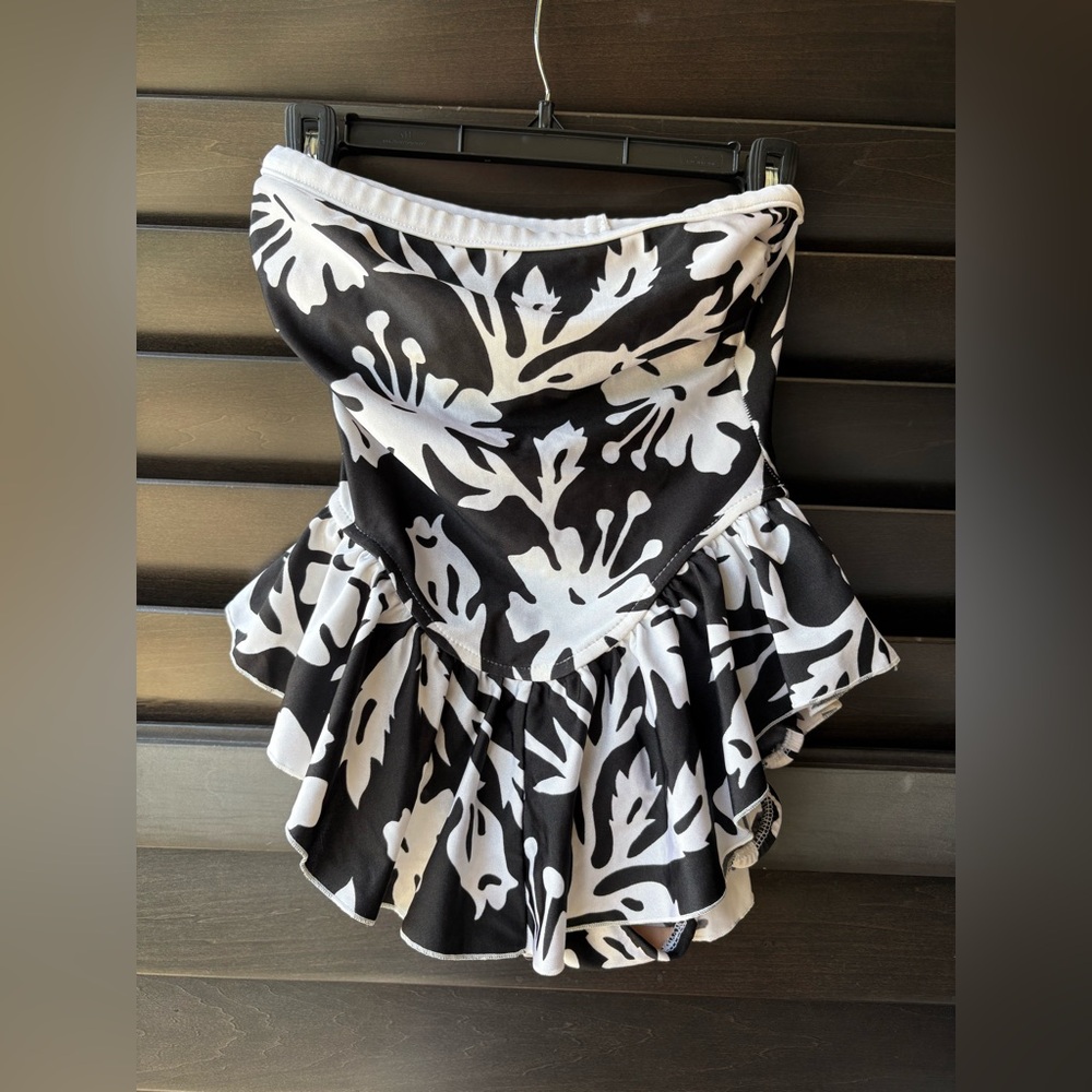 Lands End Medium Strapless One Piece Black White Tropical Floral Swimsuit